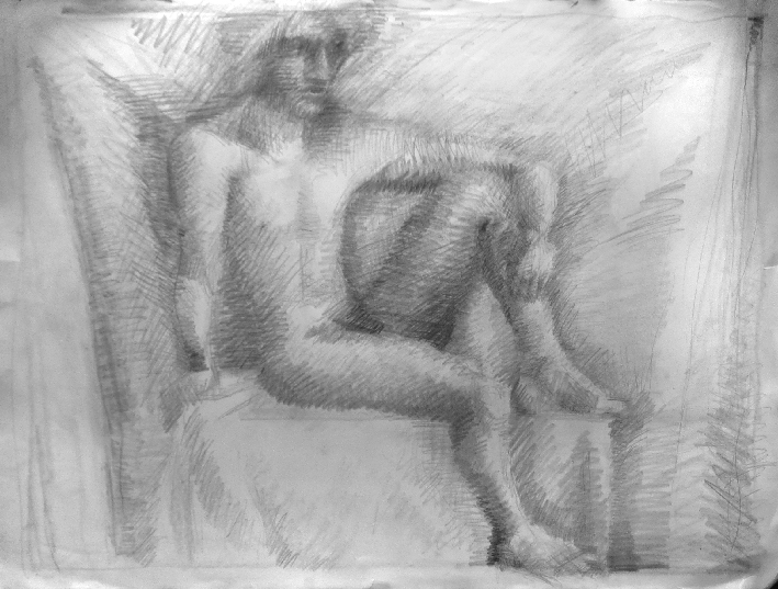 Sitting with arm resting on knee